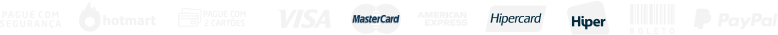 Imagem referente às formas de pagamento com segurança pela Hotmart, pague com 2 cartões, Visa, Mastercard, American Express, Hipercard, Hiper, Boleto, PayPal, e outros.